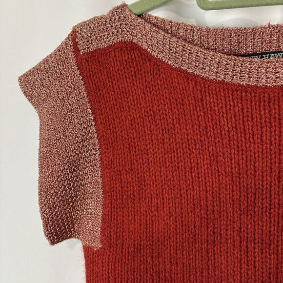 Vintage 80s Kitty Hawk Short Sleeve Sweater Vest Rust Red Metallic Silk Angora M - Picture 2 of 4